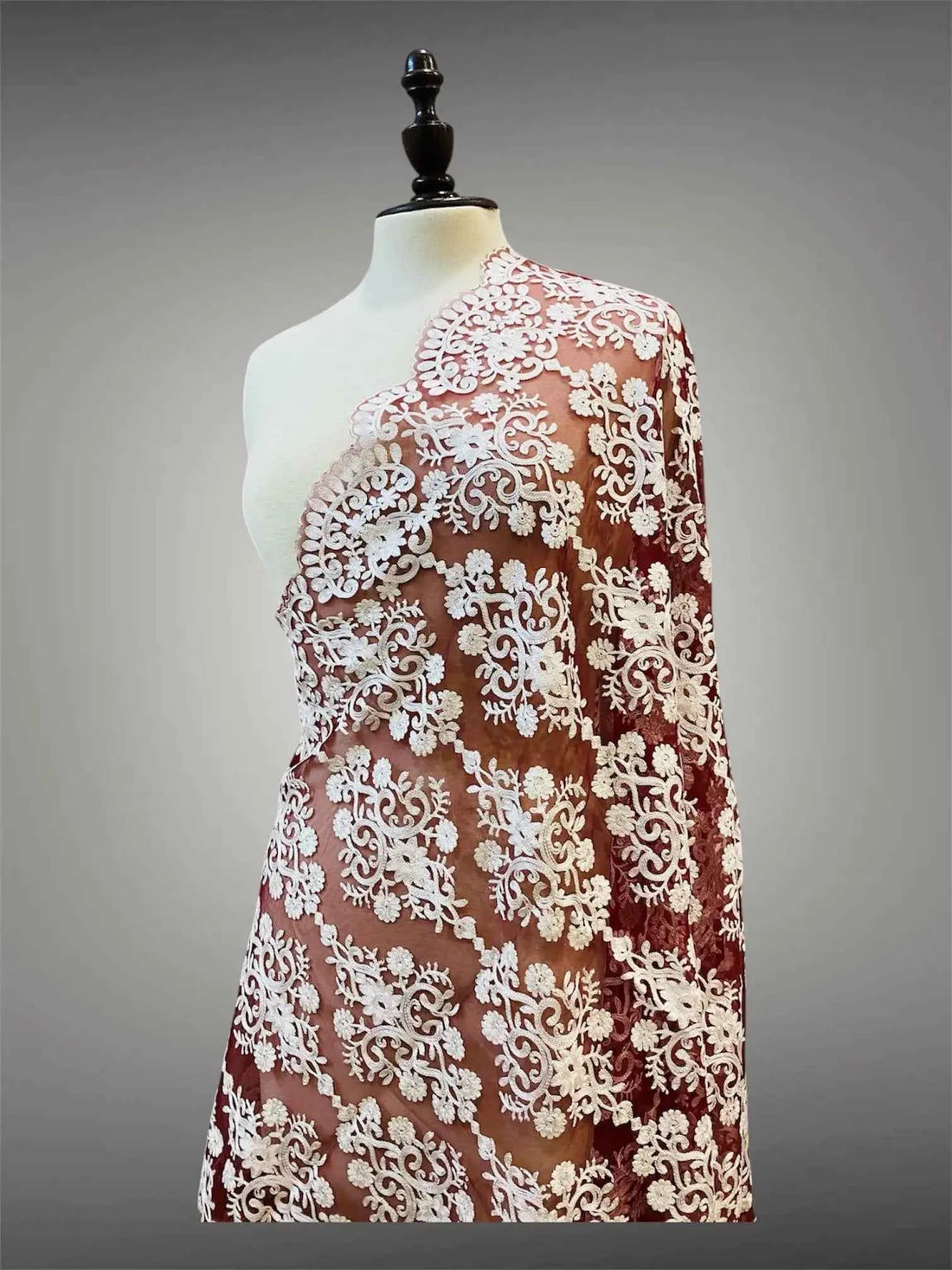 Elegant Rich Maroon with Ivory White Organza Dupatta Silk Thread Embriodery