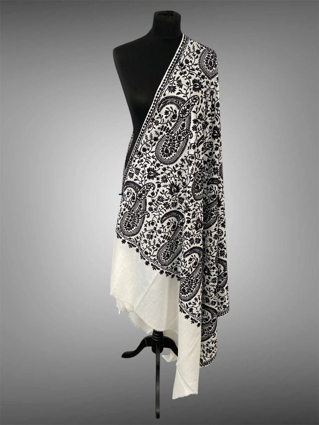 Luxury Ivory White Pashmina Shawl – Bold Black Aari Floral Machine Embroidery - LoomFable