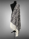 Luxury Ivory White Pashmina Shawl – Bold Black Aari Floral Machine Embroidery - LoomFable