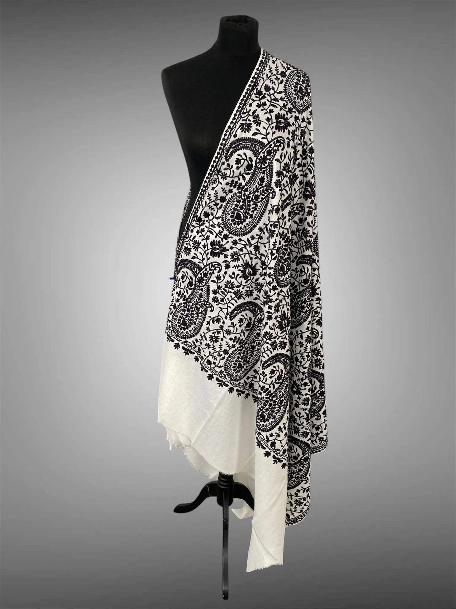 Luxury Ivory White Pashmina Shawl – Bold Black Aari Floral Machine Embroidery - LoomFable