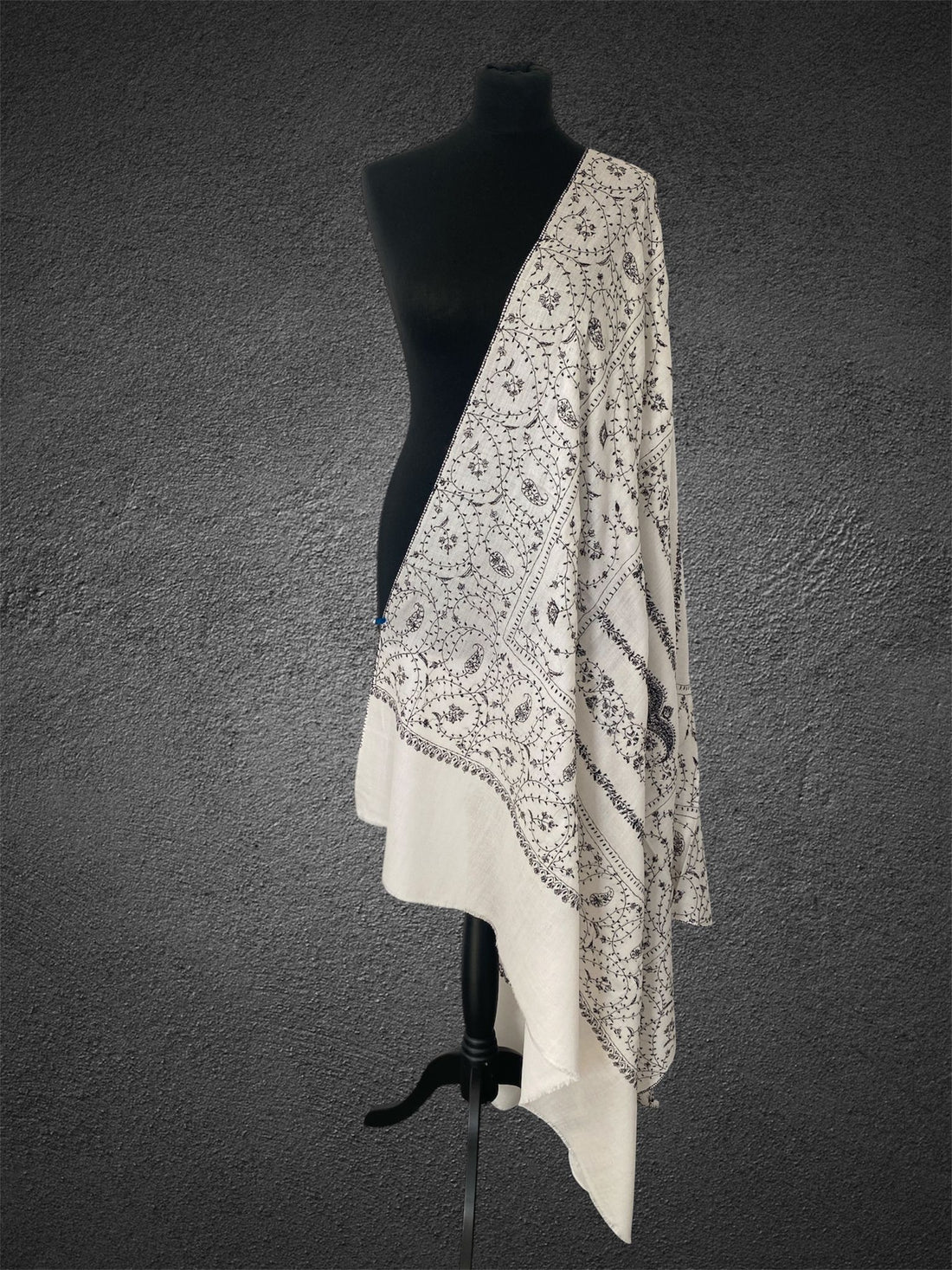 Luxury Ivory Mist Toosh Pashmina | Full-Body Hand-Needle Sozni Jaal - LoomFable