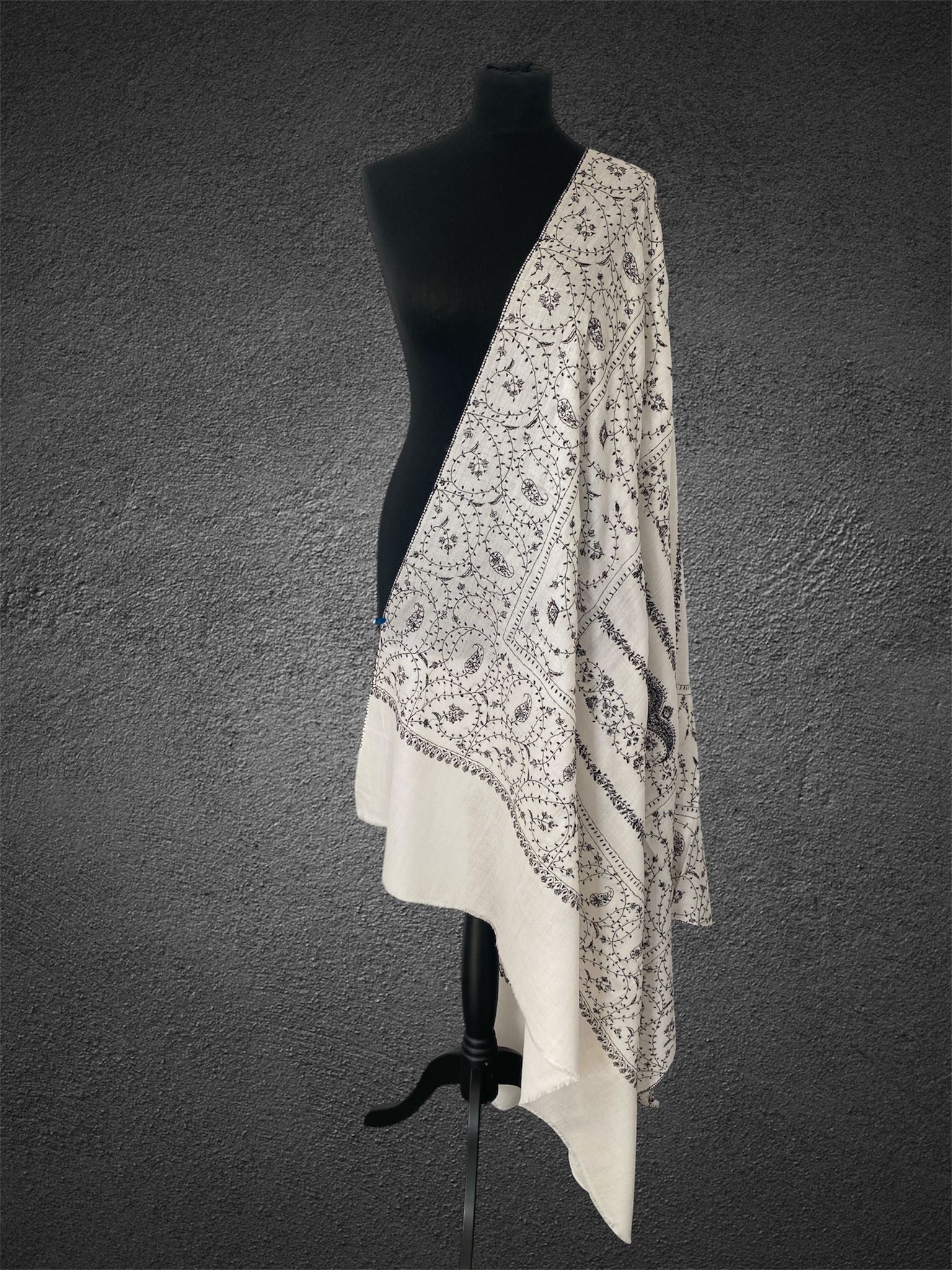 Luxury Ivory Mist Toosh Pashmina | Full-Body Hand-Needle Sozni Jaal - LoomFable