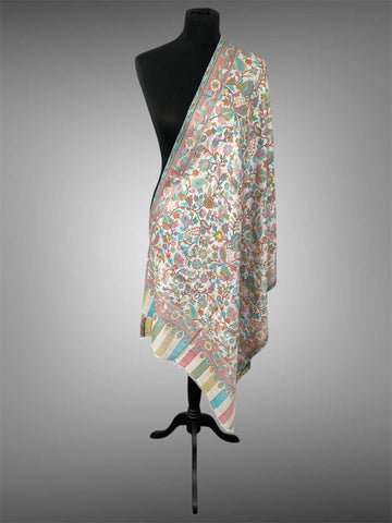 Kani white Handloom Stole – Vibrant Floral Jaal Pashmina Wrap - LoomFable